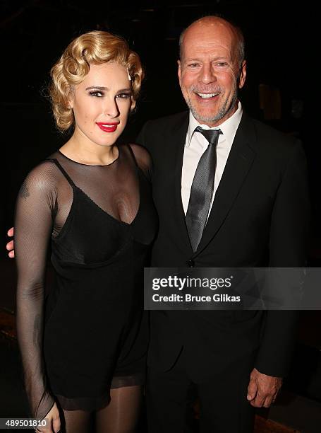 Rumer Willis and father Bruce Willis pose backstage as Rumer makes her broadway debut as "Roxie Hart" in Broadway's "Chicago" on Broadway at The...