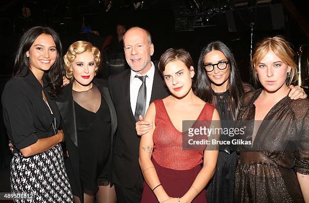 Emma Heming, Rumer Willis, father Bruce Willis, sister Tallulah Belle Willis, mother Demi Moore and sister Scout LaRue Willis pose backstage as Rumer...