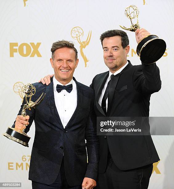 Mark Burnett and Carson Daly pose in the press room at the 67th annual Primetime Emmy Awards at Microsoft Theater on September 20, 2015 in Los...