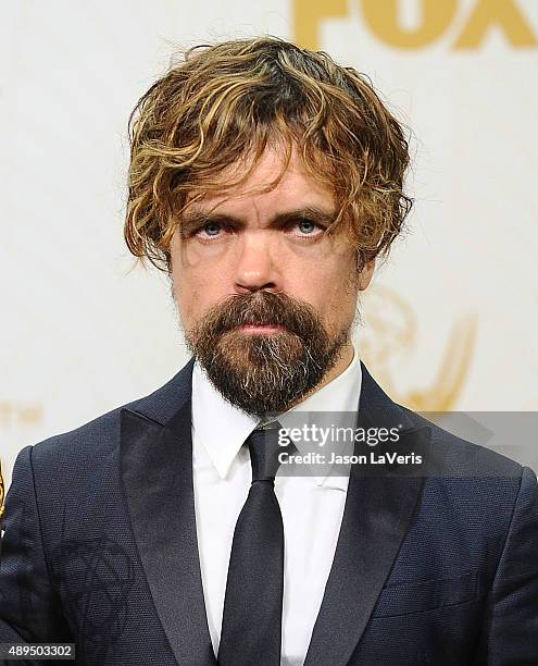 Actor Peter Dinklage poses in the press room at the 67th annual Primetime Emmy Awards at Microsoft Theater on September 20, 2015 in Los Angeles,...