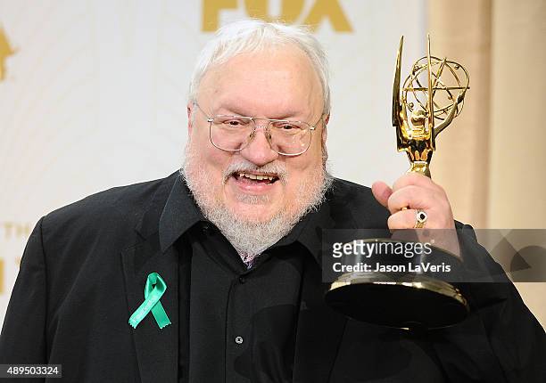 George R.R. Martin poses in the press room at the 67th annual Primetime Emmy Awards at Microsoft Theater on September 20, 2015 in Los Angeles,...