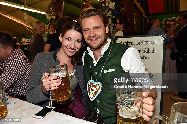 Sophie Wepper and her boyfriend David Meister attend the BMW Armbrustschiessen at Armbrust-Schuetzenfesthalle during the Oktoberfest 2015 at...