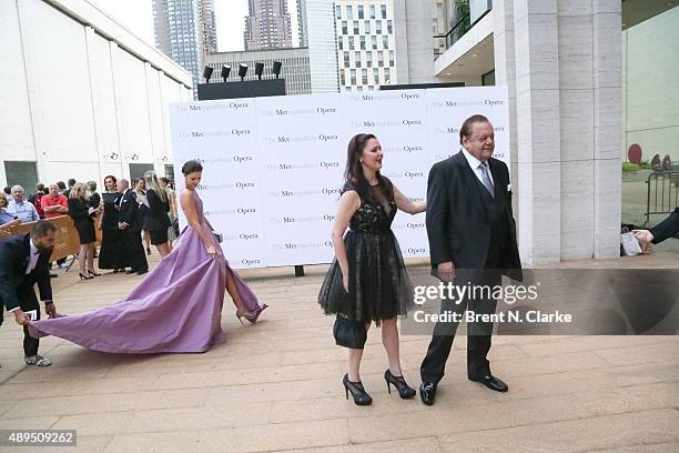 Caroline Byron, Dee Dee Sorvino and Paul Sorvino arrive for the Metropolitan Opera's 2015-2016 season opening night performance of "Otello" held at...