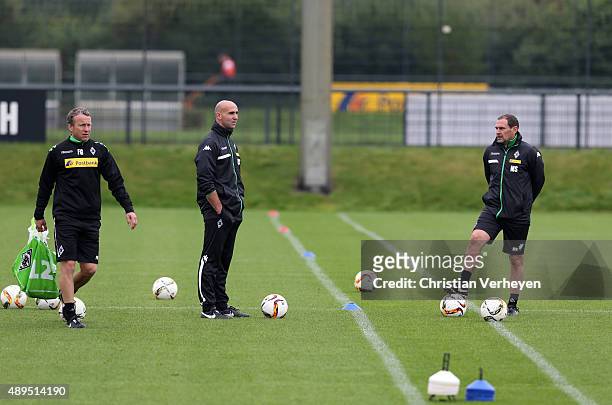 Co-Trainer Manfred Stefes, Head Coach Andre Schubert and Co-Trainer Frank Geideck of Borussia Moenchengladbach during a training session at Borussia...