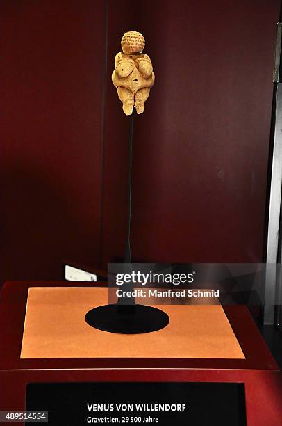 Venus of Willendorf ' statuette on display at Naturhistorisches Museum on September 22, 2015 in Vienna, Austria. The statue, which will be on display...