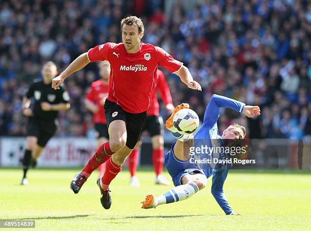 Fernando Torres of Chelsea is challenged by Ben Turner during the Barclays Premier League match between Cardiff City and Chelsea at the Cardiff City...