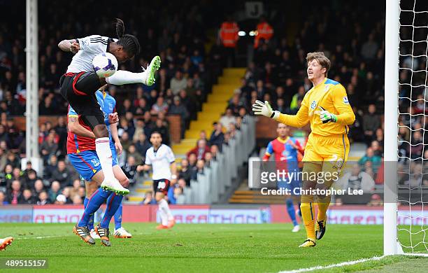 Hugo Rodallega of Fulham misses a header at goal during the Barclays Premier League match between Fulham and Crystal Palace at Craven Cottage on May...