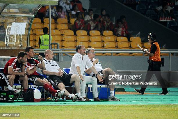 Ajax head coach, Frank De Boer reacts during the international friendly match between Perija Jakarta and AFC Ajax on May 11, 2014 in Jakarta,...