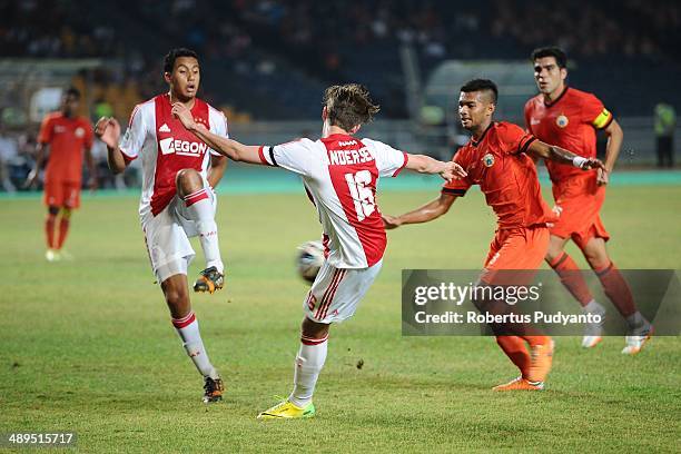 Lucas Andersen of AFC Ajax kicks ball during the international friendly match between Perija Jakarta and AFC Ajax on May 11, 2014 in Jakarta,...