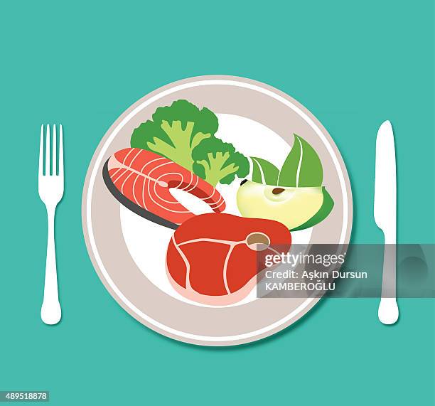 healthy food plate - grilled salmon dinner stock illustrations