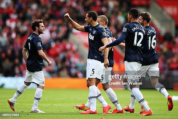 Juan Mata of Manchester United celebrates with team mates after scoring during the Barclays Premier League match between Southampton and Manchester...