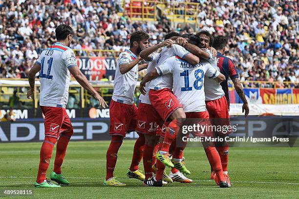 Luciano Monzon of Calcio Catania celebrates after scoring the opening goal during the Serie A match between Bologna FC and Calcio Catania at Stadio...