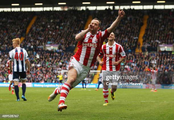 Charlie Adam of Stoke City celebrates as he scores their second goal during the Barclays Premier League match between West Bromwich Albion and Stoke...