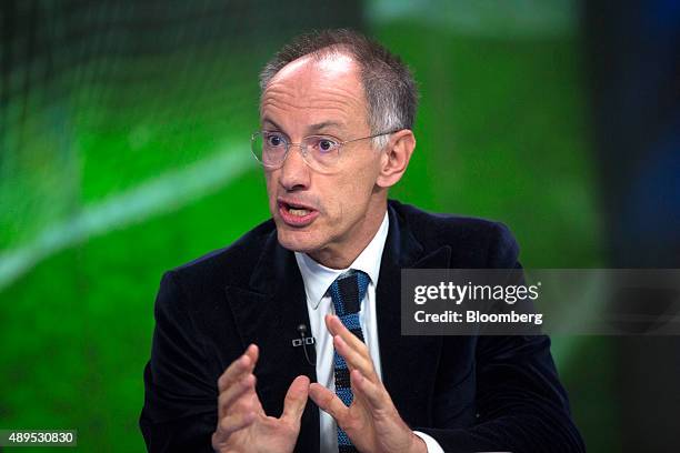 Mike Moritz, chairman of Sequoia Capital LLC., gestures as he speaks during a Bloomberg Television interview in London, U.K., on Tuesday, Sept. 22,...