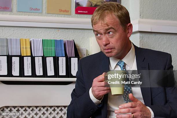 Liberal Democrats leader Tim Farron speaks to staff at the offices of housing charity Shelter on the fourth day of the Liberal Democrats annual...