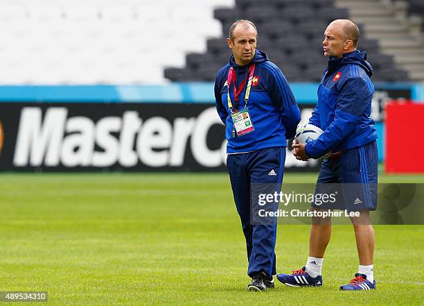 Coach Philippe Saint-Andre and Yannick Bru of France during the France Captain's Run in the Rugby World Cup at Queen Elizabeth Olympic Park on...