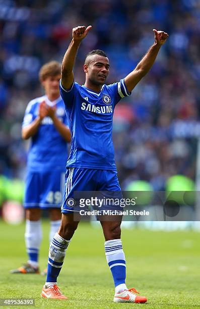 Ashley Cole of Chelsea gives a thumbs up to the fans at the end of the match during the Barclays Premier League match between Cardiff City and...