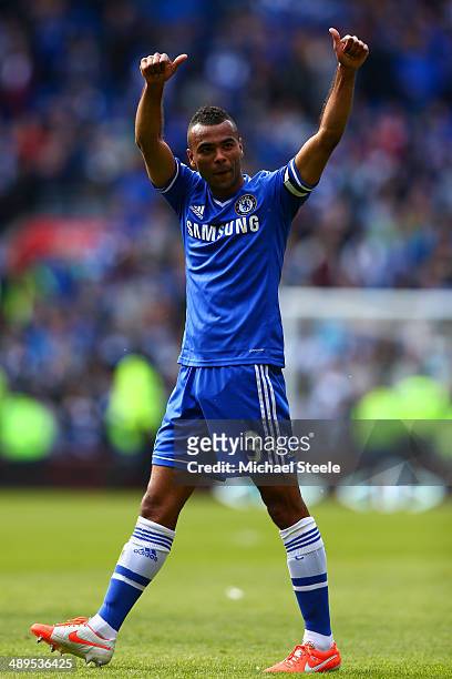 Ashley Cole of Chelsea gives a thumbs up to the fans at the end of the match during the Barclays Premier League match between Cardiff City and...