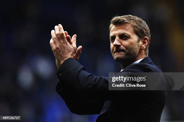 Tottenham Hotspur interim manager Tim Sherwood acknowledges his sides fans following the Barclays Premier League match between Tottenham Hotspur and...