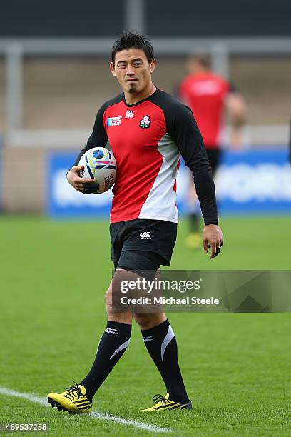 Ayumu Goromaru of Japan during the Captain's Run ahead of the Japan versus Scotland Pool B match at Kingsholm Stadium on September 22, 2015 in...