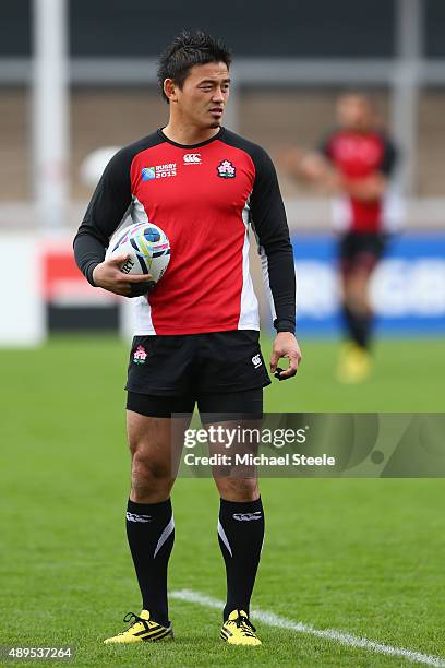 Ayumu Goromaru of Japan during the Captain's Run ahead of the Japan versus Scotland Pool B match at Kingsholm Stadium on September 22, 2015 in...