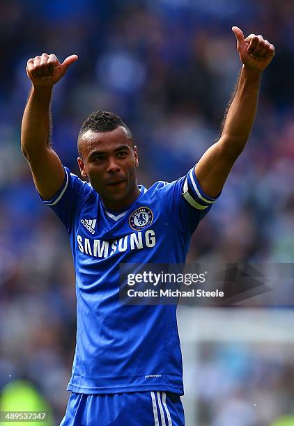 Ashley Cole of Chelsea gives a thumbs up to the fans at the end of the match during the Barclays Premier League match between Cardiff City and...