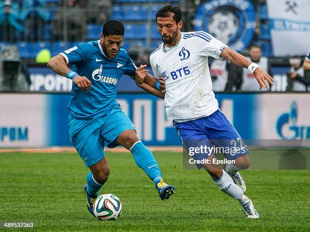 Hulk of FC Zenit St. Petersburg and Kevin Kuranyi of FC Dynamo Moscow vie for the ball during the Russian Football League Championship match between...