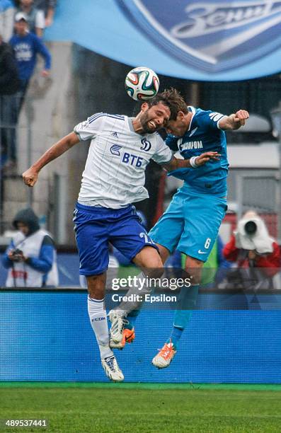 Nicolas Lombaerts of FC Zenit St. Petersburg and Kevin Kuranyi of FC Dynamo Moscow vie for a header during the Russian Football League Championship...