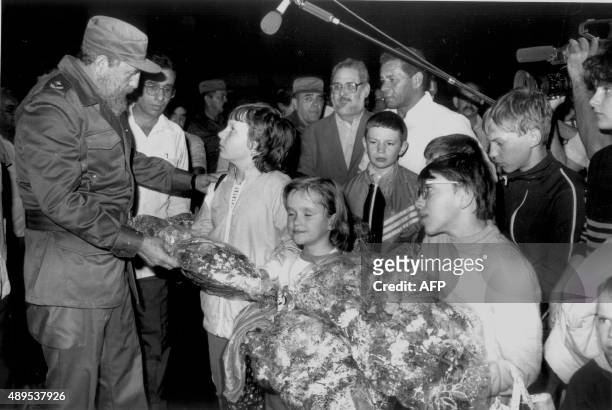Cuban president, Fidel Castro , receives a group of Belarusian children affected by the Chernobyl nuclear disaster at the Jose Marti International...