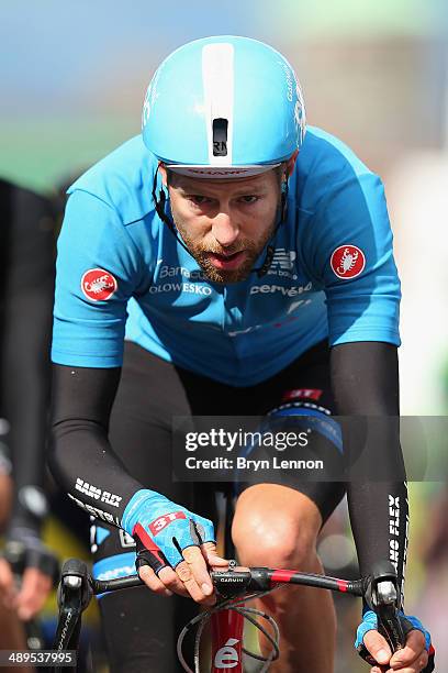 Ryder Hesjedal of Canada and Garmin Sharp crosses the finish line during the third stage of the 2014 Giro d'Italia, a 187km stage between Armagh and...