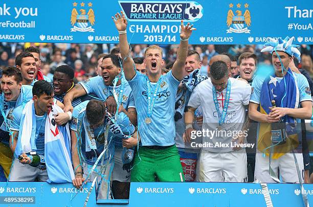 Joe Hart of Manchester City celebrates with his team-mates at the end of the Barclays Premier League match between Manchester City and West Ham...