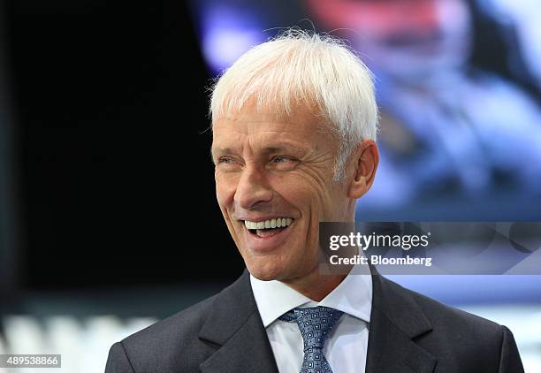 Matthias Mueller, chief executive officer of Porsche AG, reacts during a Bloomberg Television interview during previews to IAA Frankfurt Motor Show...