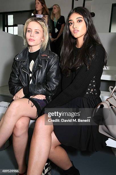 Billie JD Porter and Neelam Gill attend the Ashish show during London Fashion Week SS16 at the BFC Show Space on September 22, 2015 in London,...