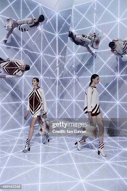 Models walk the runway at the Anya Hindmarch show during London Fashion Week Spring/Summer 2016 on September 22, 2015 in London, England.