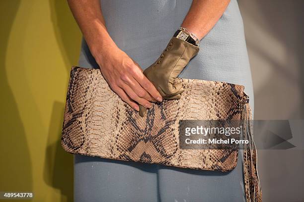 Queen Maxima of The Netherlands, clutch detail, opens the new visitor center of the Netherlands Bank on September 22, 2015 in Amsterdam, Netherlands