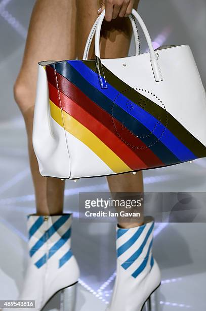 Bag detail and model on the runway at the Anya Hindmarch show during London Fashion Week Spring/Summer 2016 on September 22, 2015 in London, England.