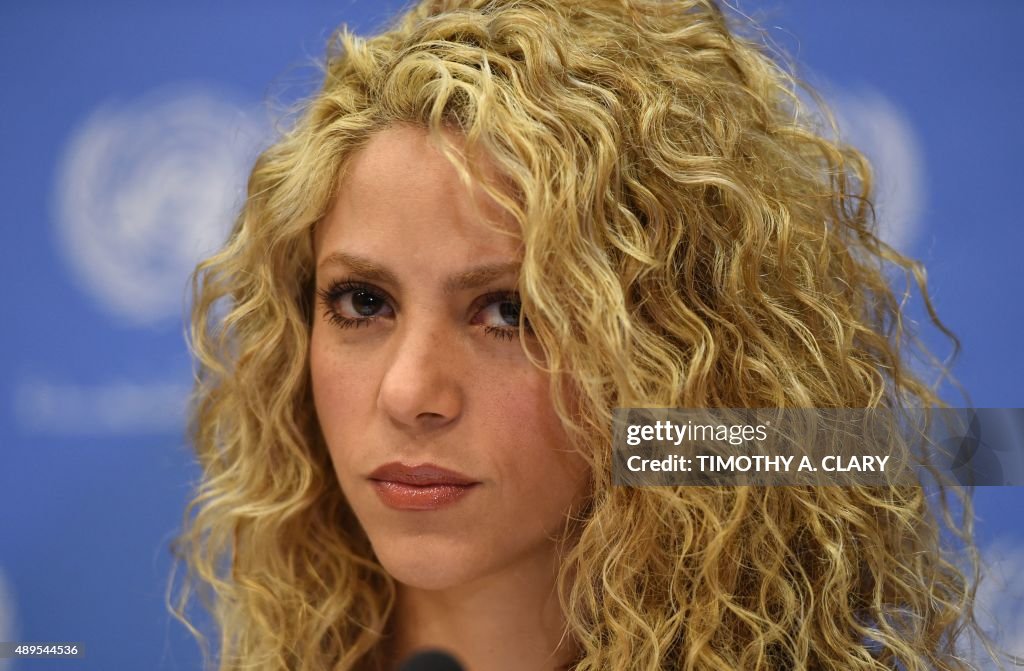 Goodwill Ambassador Shakira attends a press conference at the United