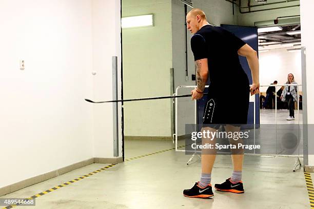 Michal Cajkovsky of the HC Sparta Prague warms up before the Champions Hockey League round of thirty-two game between Sparta Prague and ZSC Lions...