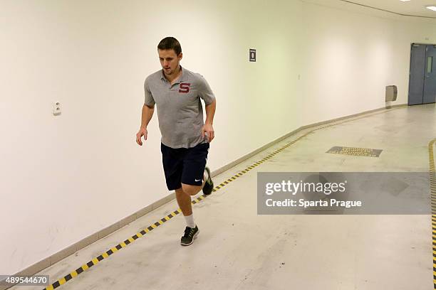 Tomas Popperle of the HC Sparta Prague warms up before the Champions Hockey League round of thirty-two game between Sparta Prague and ZSC Lions...