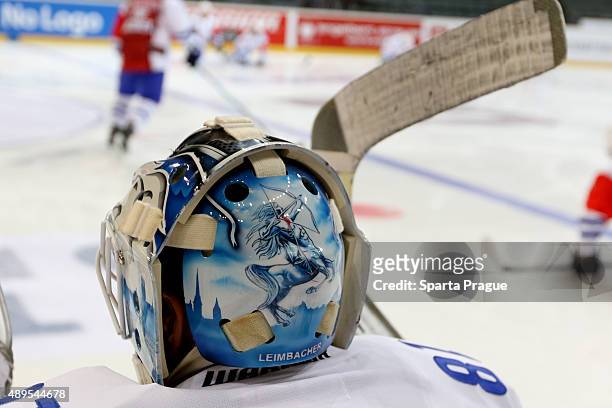 The back of the mask of ZSC Lions Zurich goalie Urban Leimbacher during the Champions Hockey League round of thirty-two game between Sparta Prague...