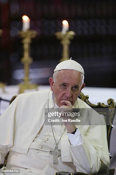 Pope Francis holds a mass at the Cathedral of Our Lady of Assumption on September 22, 2015 in Santiago de Cuba, Cuba. Pope Francis leaves for the...