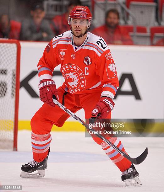 Rostislav Klesla of Ocelari Trinec in action during the Champions Hockey League round of thirty-two game between Ocelari Trinec and HV71 Jonkoping on...