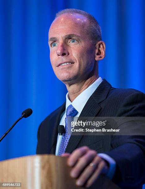 Boeing CEO Dennis Muilenburg gives a keynote speech during the SAE Aerotech Congress on September 22, 2015 in Seattle, Washington. Muilenburg, who...