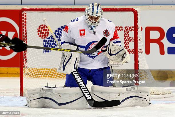 Lukas Flueler makes a save during the Champions Hockey League round of thirty-two game between Sparta Prague and ZSC Lions Zurich at o2 Arena Prague...