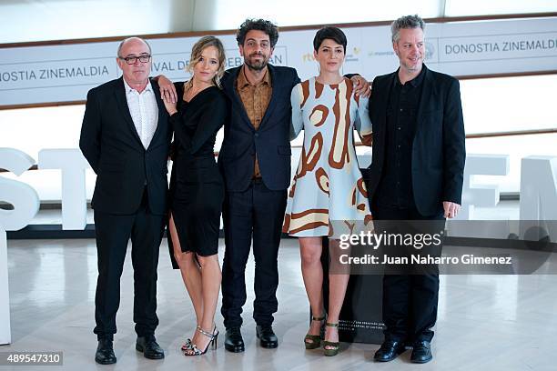 Juan Calot, Marta Larralde, Alvaro Ogalla, Barbara Lennie and Federico Veiroj attend 'El Apostata' photocall during 63rd San Sebastian Film Festival...