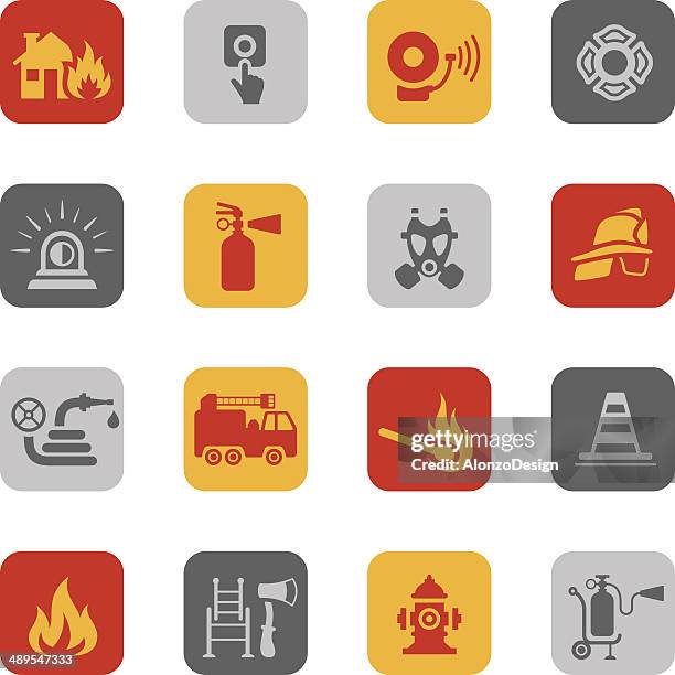 bunte icon set beinhaltet - feuerwehrmann stock-grafiken, -clipart, -cartoons und -symbole