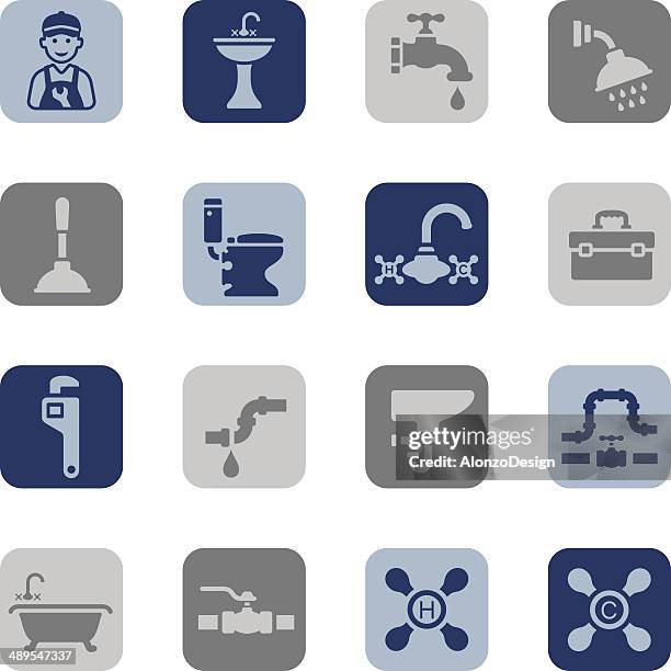 plumbing icon set - bathroom shower repair stock illustrations