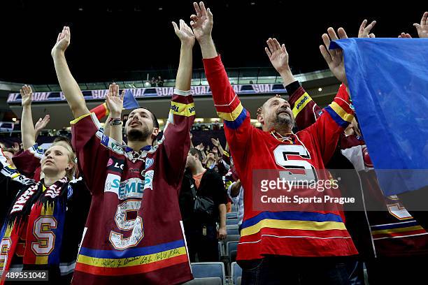 Sparta Prague fans during the Champions Hockey League round of thirty-two game between Sparta Prague and ZSC Lions Zurich at o2 Arena Prague on...