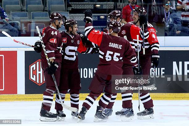 Sparta Prague players celebrate a goal during the Champions Hockey League round of thirty-two game between Sparta Prague and ZSC Lions Zurich at o2...