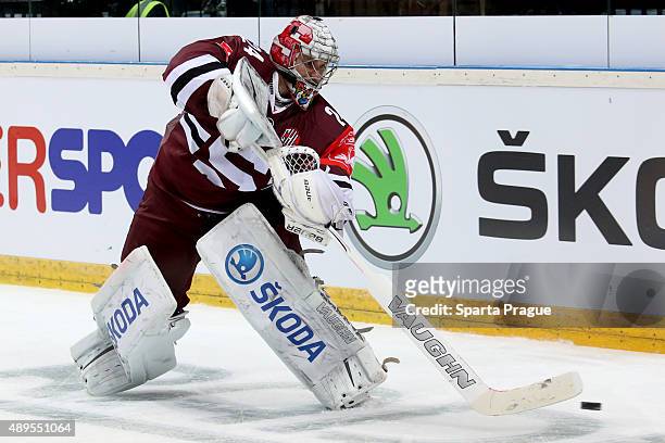 Sparta Prague goalie Tomas Popperle during the Champions Hockey League round of thirty-two game between Sparta Prague and ZSC Lions Zurich at o2...